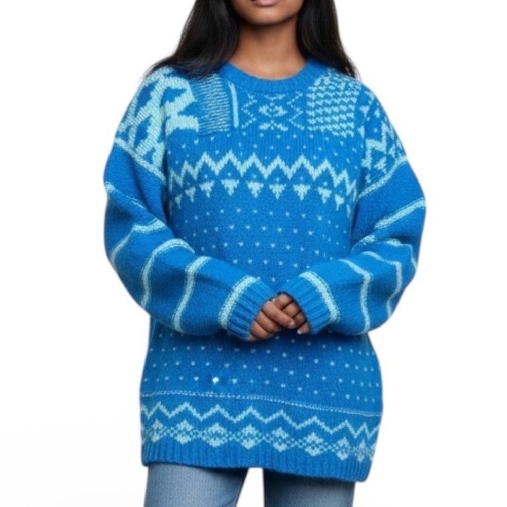 Free People Snow Day Oversized Blue Fair Isle Knit Frozen Lake Sweater Size S